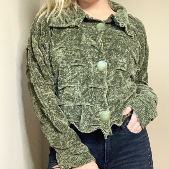 Vintage Sweaters - Vintage chenille button up semi cropped sweater
